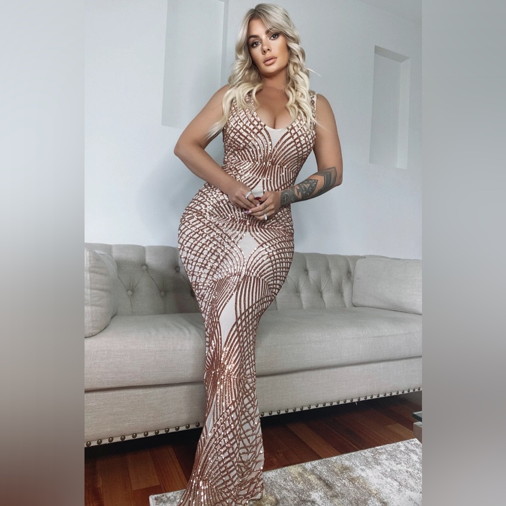 Fashion Nova White and Bronze Sequin Maxi Dress